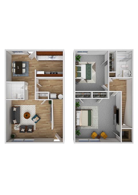 A floor plan of a two-bedroom apartment with a living room, kitchen, and bathroom.